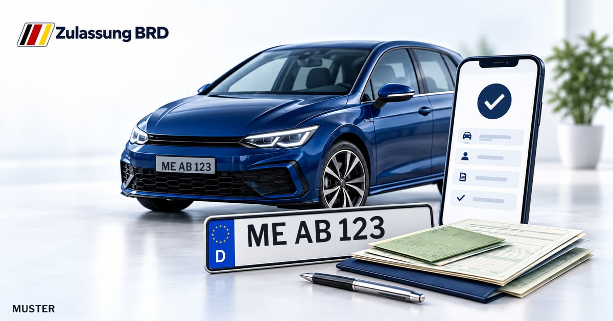 Online Fahrzeugzulassung in Mettmann: Musterkennzeichen ME AB 123, Auto und Fahrzeugpapiere und Smartphone. Illustration mit Logo von Zulassung BRD.